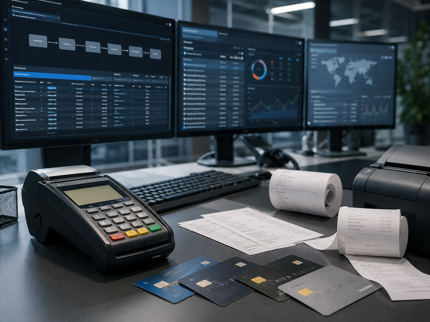 Payment terminal, credit cards and analytics dashboards on a trading desk