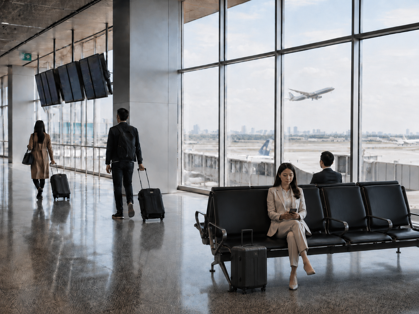 Travellers in a sunlit airport terminal with planes on the runway