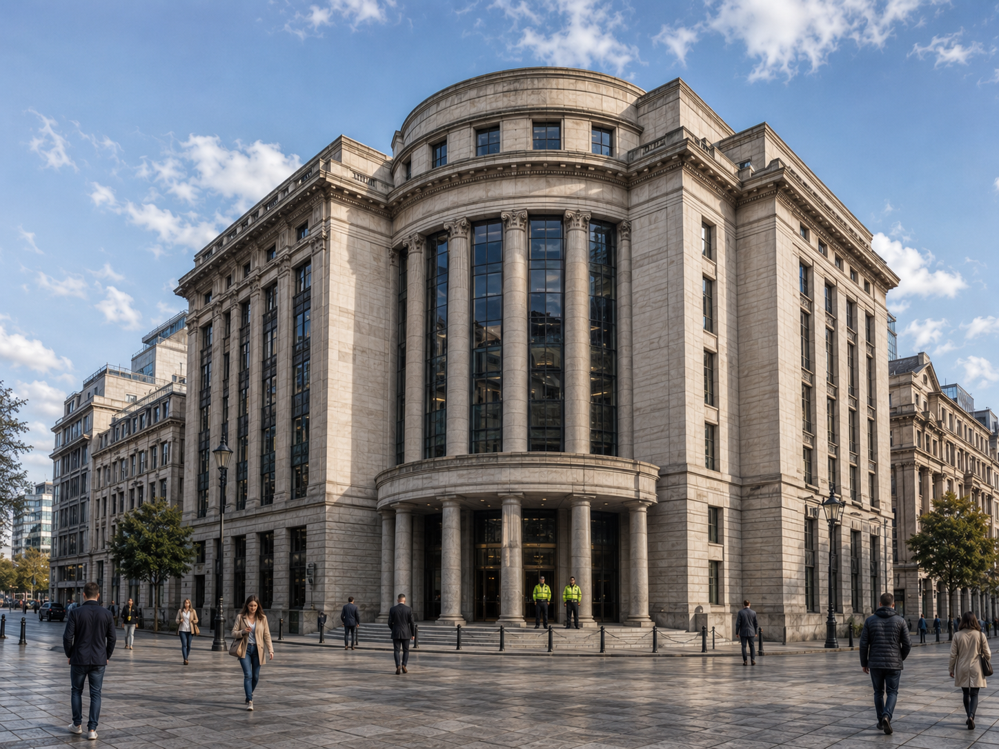 Classical bank headquarters with columns and security at the entrance