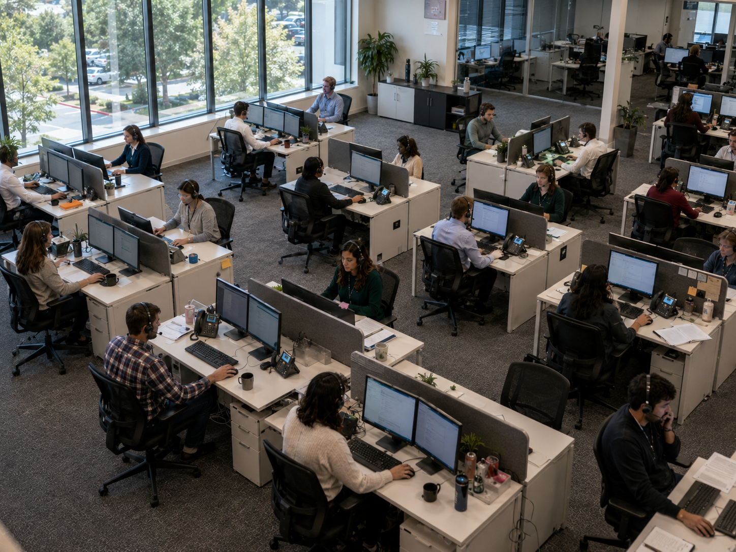 Contact center floor with agents at workstations
