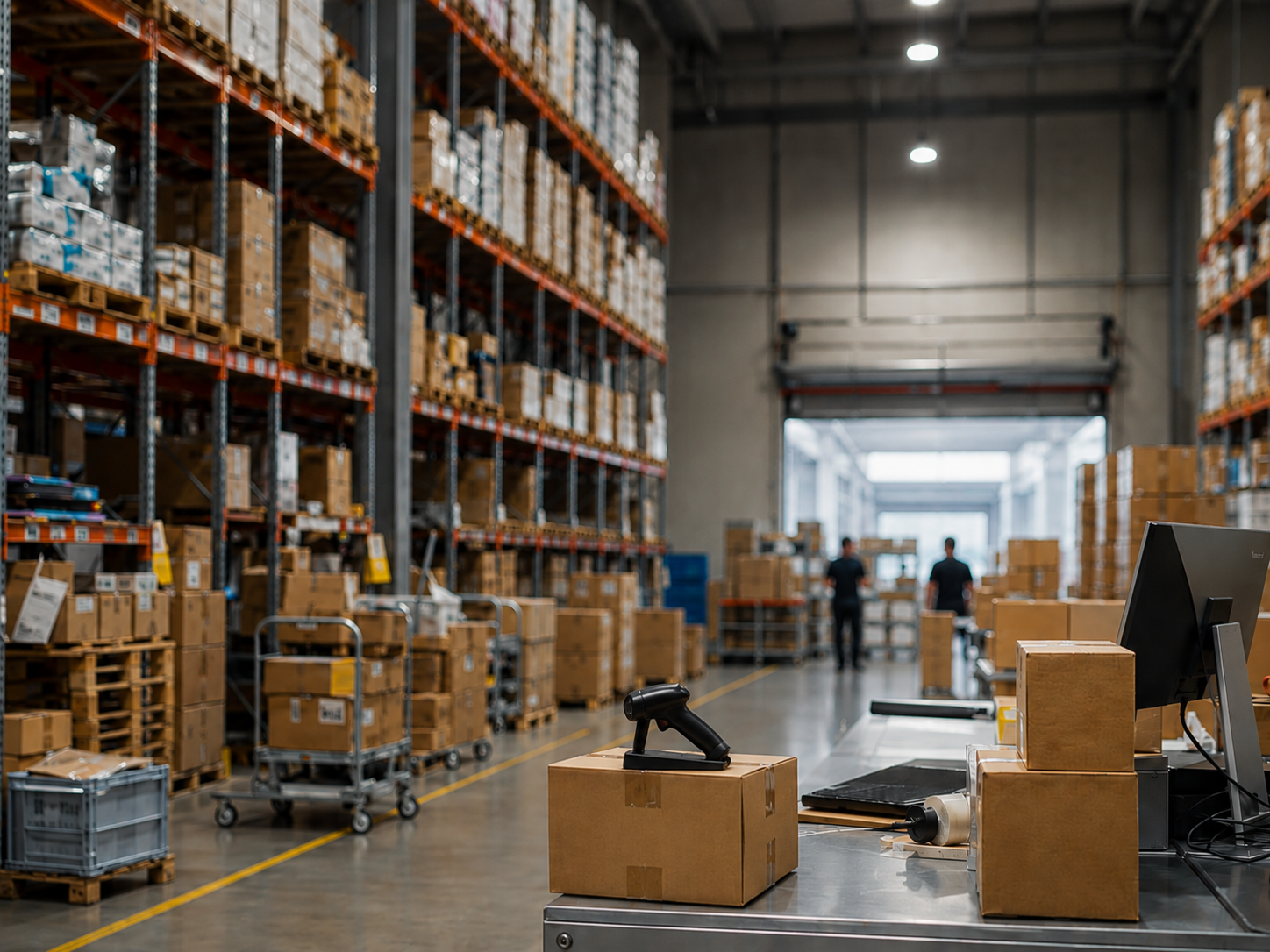 Warehouse with shelves of parcels and a barcode scanner on a box