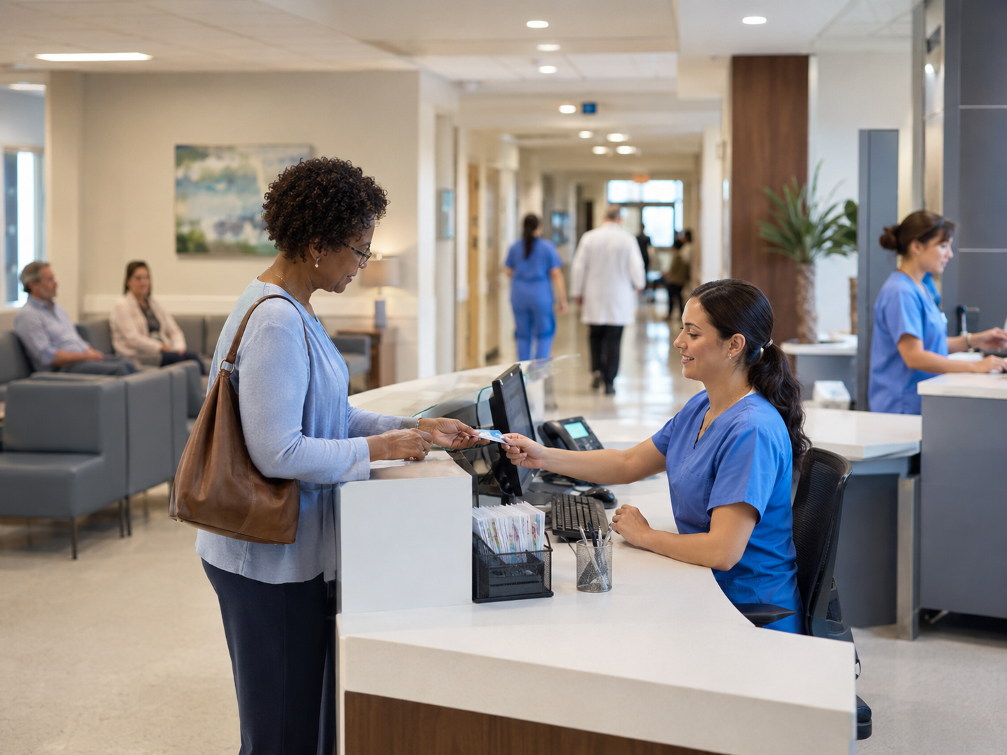 Patient checking in with a nurse at a hospital reception desk